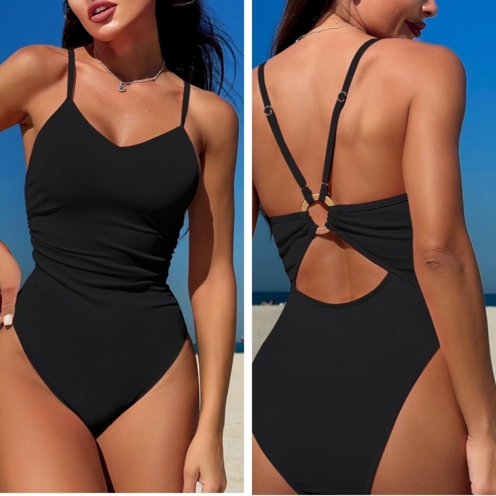 Swimall One Piece Tummy Control Cutout High Waist Ruched Retro W/ O- Ring Size S